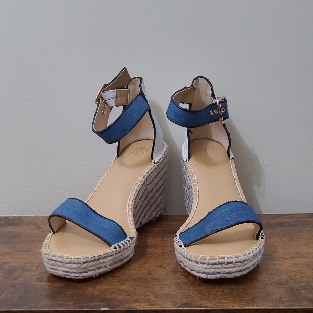 CAbi Parker Blue & White Espadrille Wedges size 8